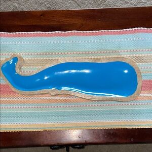 Thick wooden whale decor/dish lined in blue plastic material-NWOT